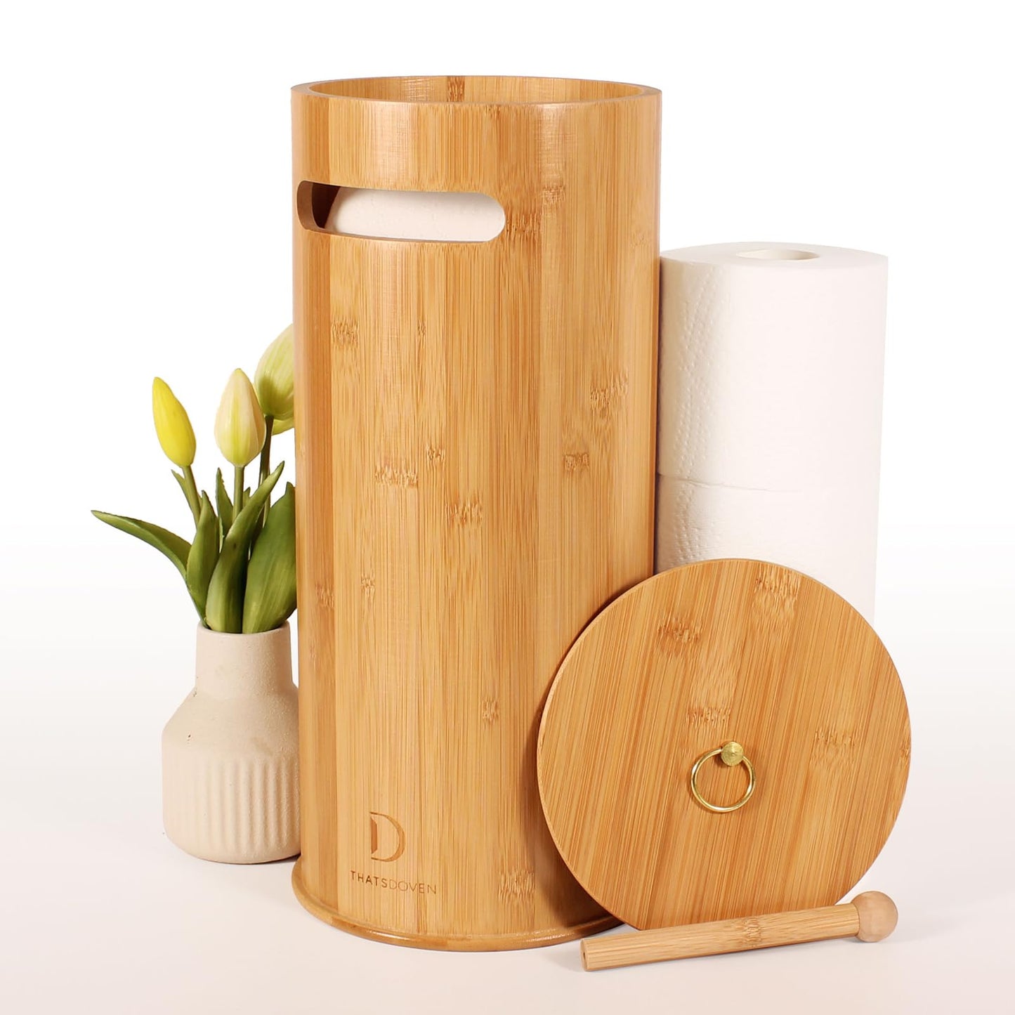 Toilet Paper Stand with 3-Roll Tissue Holder for Boho Bathroom, FreeStanding Bamboo Toilet Paper Holder,Wood Toilet Paper Storage with Lid.