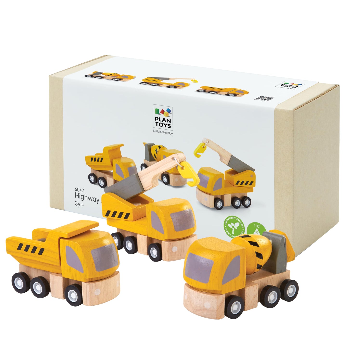 PlanToys® Highway Maintenance Wooden Montessori Vehicle and Imaginative Play Set | Creativity, Language and Social Skill Building Activity | Eco Friendly Construction Truck Set
