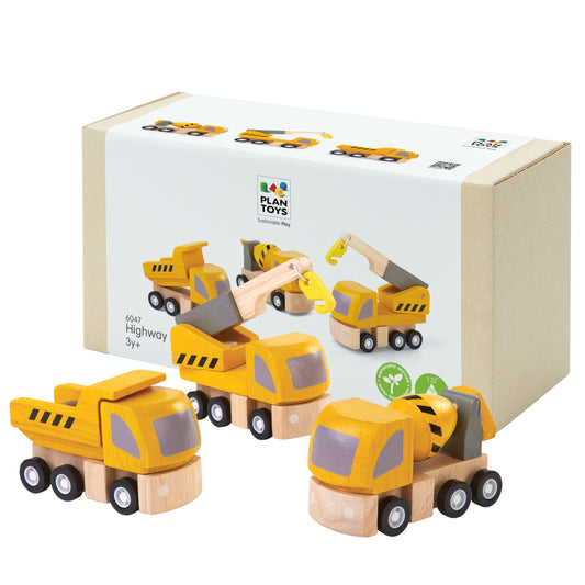 PlanToys® Highway Maintenance Wooden Montessori Vehicle and Imaginative Play Set | Creativity, Language and Social Skill Building Activity | Eco Friendly Construction Truck Set