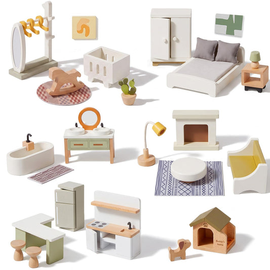 Giant bean 33 PCS Wooden Dollhouse Furniture Set, Modern Doll House Accessories with Bedroom, Kitchen, Bathroom, Nursery & Living Room, Montessori Pretend Play Toys for Kids Girls Boys Age 3+