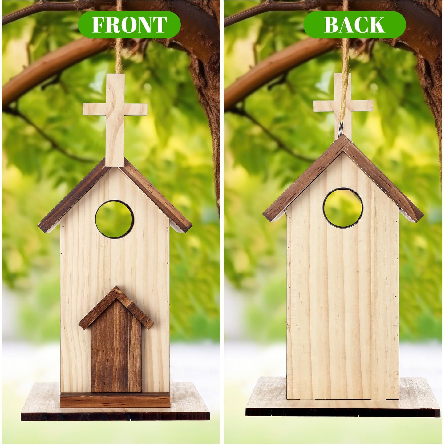 Leinuosen 2 Pcs Birdhouse Outdoor Hanging Wooden Church Birdhouse Cross Design 12" H Small Bird Houses Religious Bluebird Hummingbird Nesting Boxes for Outside Spring Easter Baptisms Garden Decoration