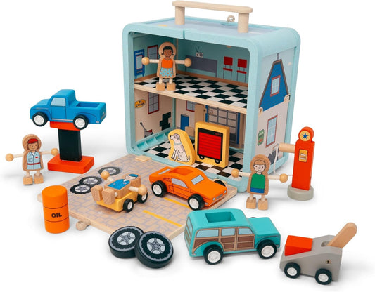 Jack Rabbit Creations Auto Garage Suitcase Playset, Portable Carry Case Style, Multicolor, 16 Eco-Friendly Wooden Figures, Mechanics, Cars & Car Lifts, Gas Pump, Oil Can, Tires, Travel Toy, Ages 3+