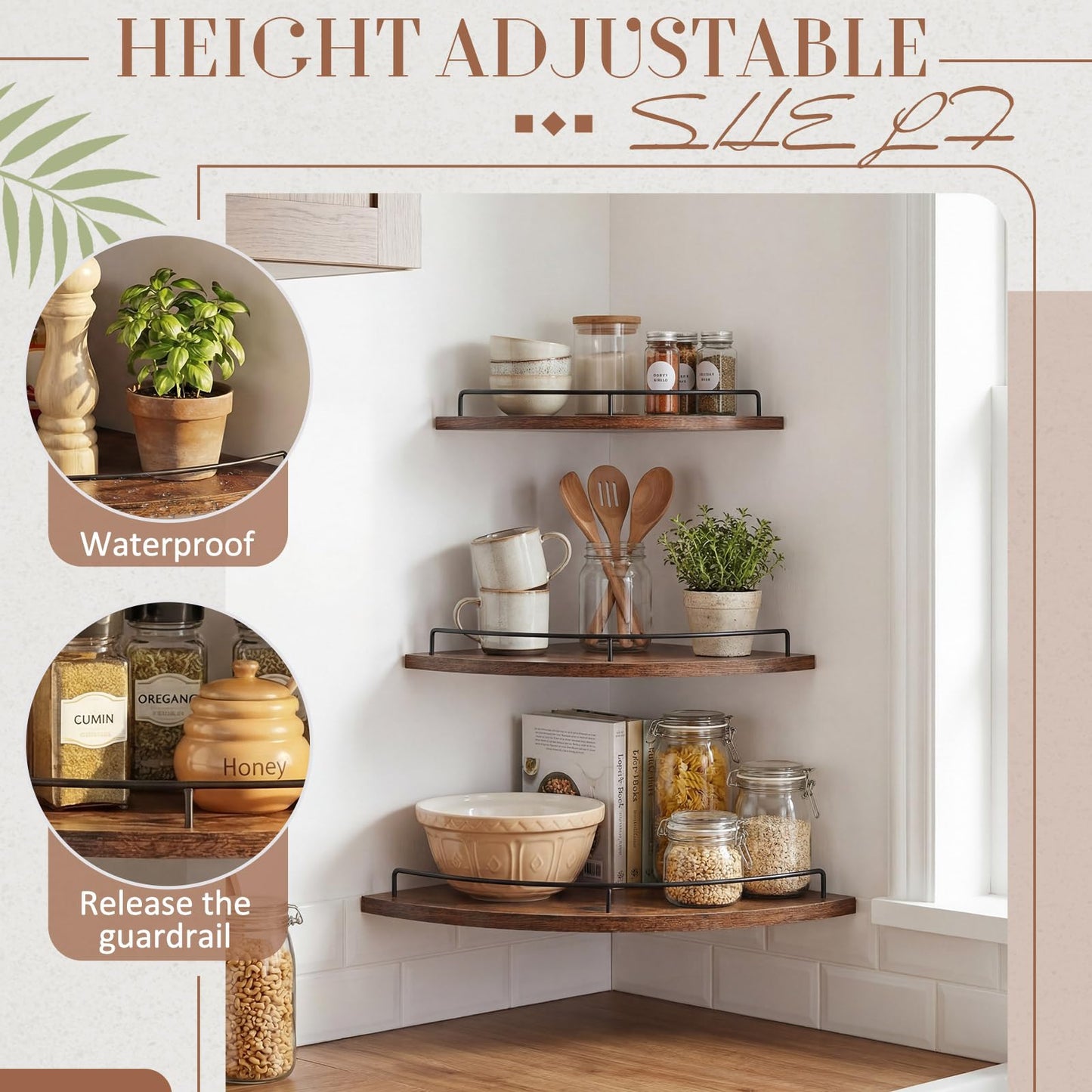 Novabright Corner Floating Shelf Set of 3 Rustic Brown Wood 9/10/12 in Corner Shelves Wall Mounted with Guardrail & Cord Hole Hanging Storage Display Shelves for Bedroom Kitchen Living Room Bathroom