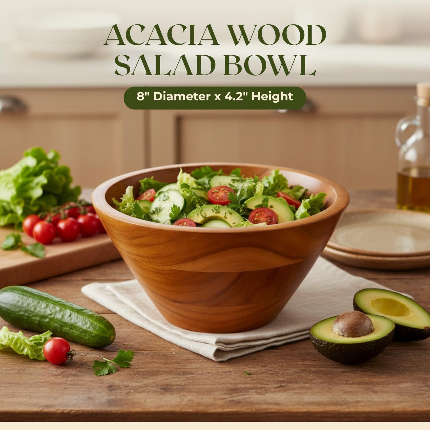 Aurah Acacia Wood Salad Bowl, 8" Diameter x 4.2" Height – Small Wooden Mixing & Serving Bowls for Salad, Pasta and Fruits – Kitchen & Outdoor Dining - Capacity 2.3 Quarts