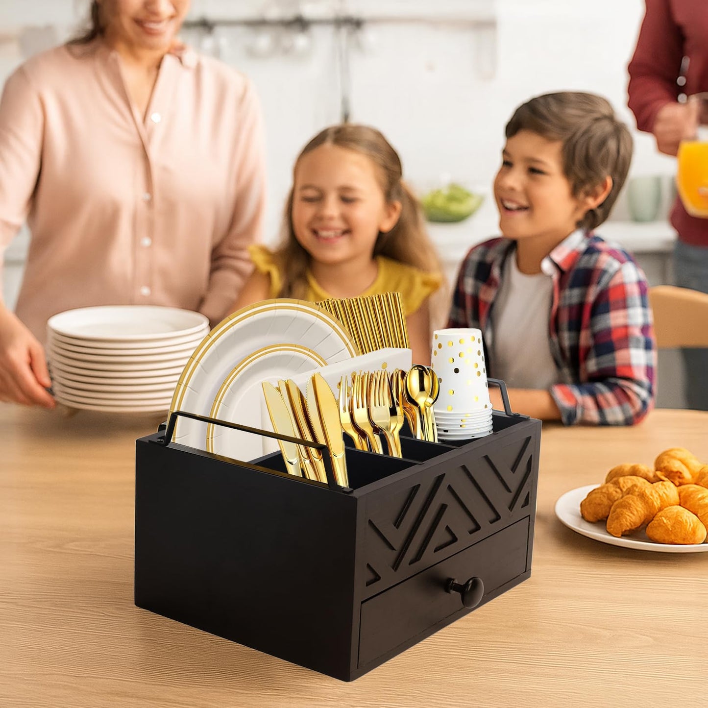 Aikosell Paper Plate Dispenser with Drawer, country style Wood Kitchen Counter, Picnic, Party, Camping - Caddy Organizer for Cups, Spoons, Forks, Plates, office supplies, Napkins & Silverware（Black）