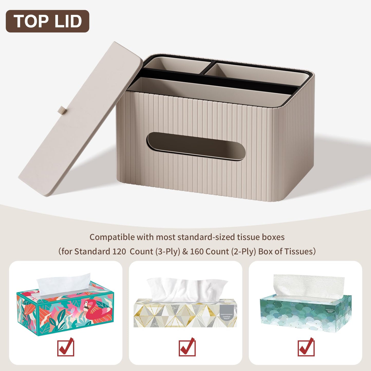 KINGFOM Leather Tissue Box Cover with Storage Tray, Decorative Tissue Box Holder Organizer for Office Desk, Bedroom & Nightstand, Remote Control Holder for Perfume, Watch, Glasses, Pens (Mocha Beige)