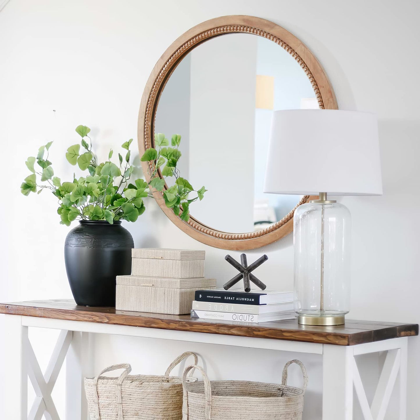 sawsile Round Wood Mirror,24 inch Circle Rustic Farmhouse Natural Wooden Frame Boho Beads Wall Mirror for Bathroom,Living Room,Bedroom or Entryway