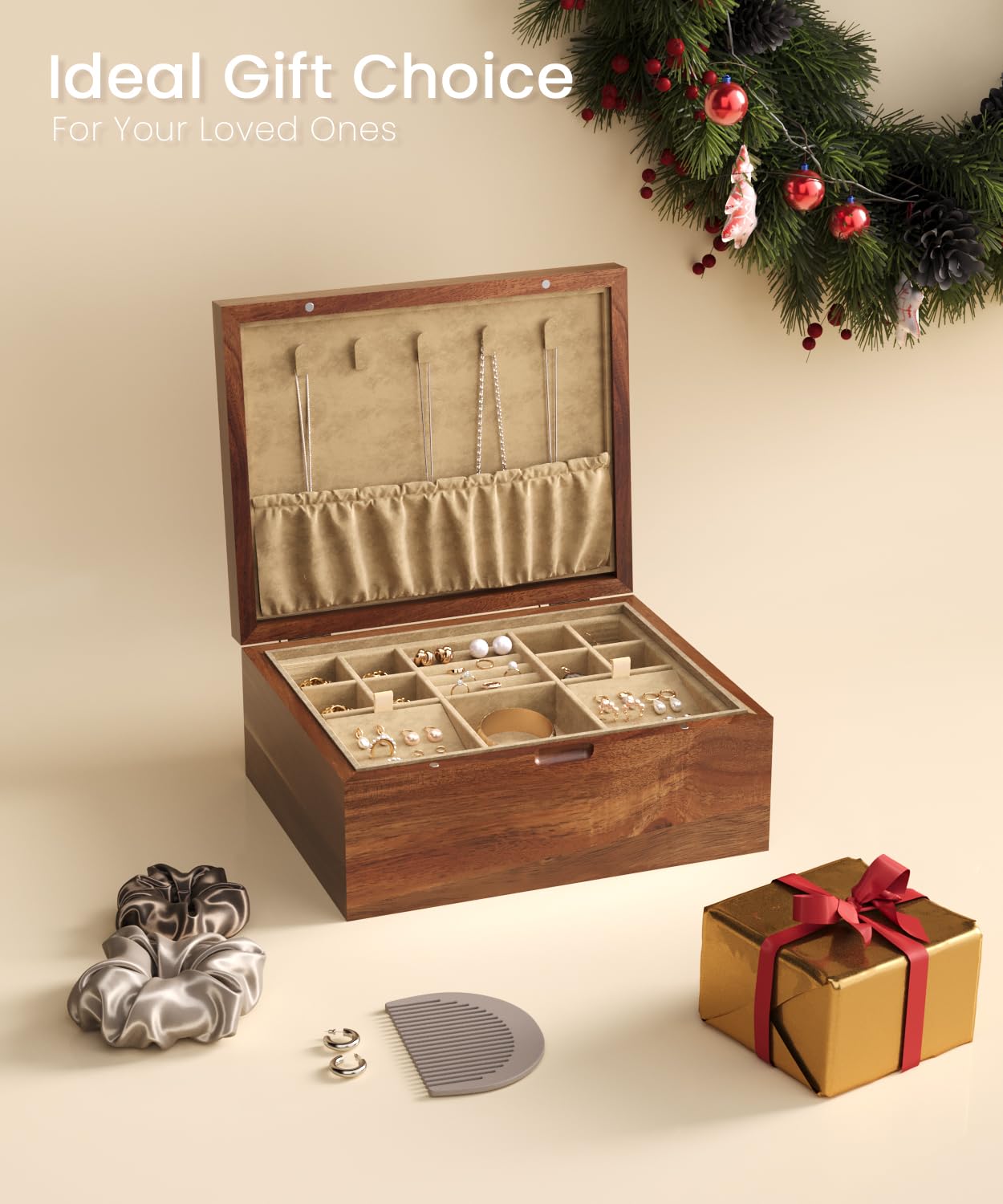 Danfoxer Acacia Wood Jewelry Box Organizers, Wooden Jewellery Organizer with Hinged Lids and Removable Jewelry Tray for Necklace Earring Rings and Bracelet