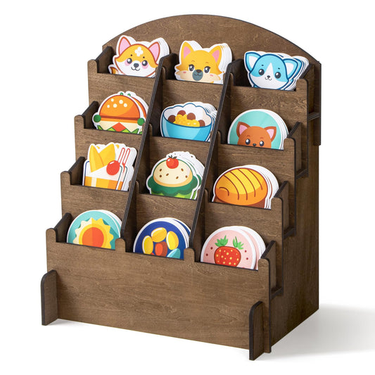 PUERSI Wooden Sticker Display Stand, Sticker Holder Display Organizer with 12 Pockets for Greeting Card, Postcard, Coaster, Bookmark, Brochure, Vendors, Retail, Brown