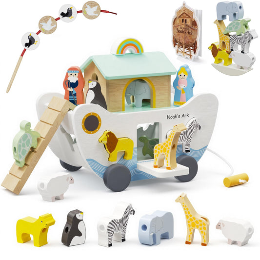HASHMUST Wooden Noah's Ark Toy for 1 Year Old Baby Boy and Girl Gift - Pull Along Toddler Montessori Toy with Animal Shape Sorter Stacker for 1-3 Christmas Birthday Preschool Baptism Gift