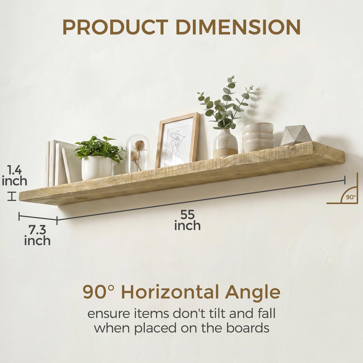 Axeman 55 Inch Rustic Wooden Floating Shelves for Wall|Solid Reclaimed Wood Wall Mounted Shelves with Invisible Brackets for Books Bathroom Kitchen Storage|8 Inch Deep|1 Pack, Natural