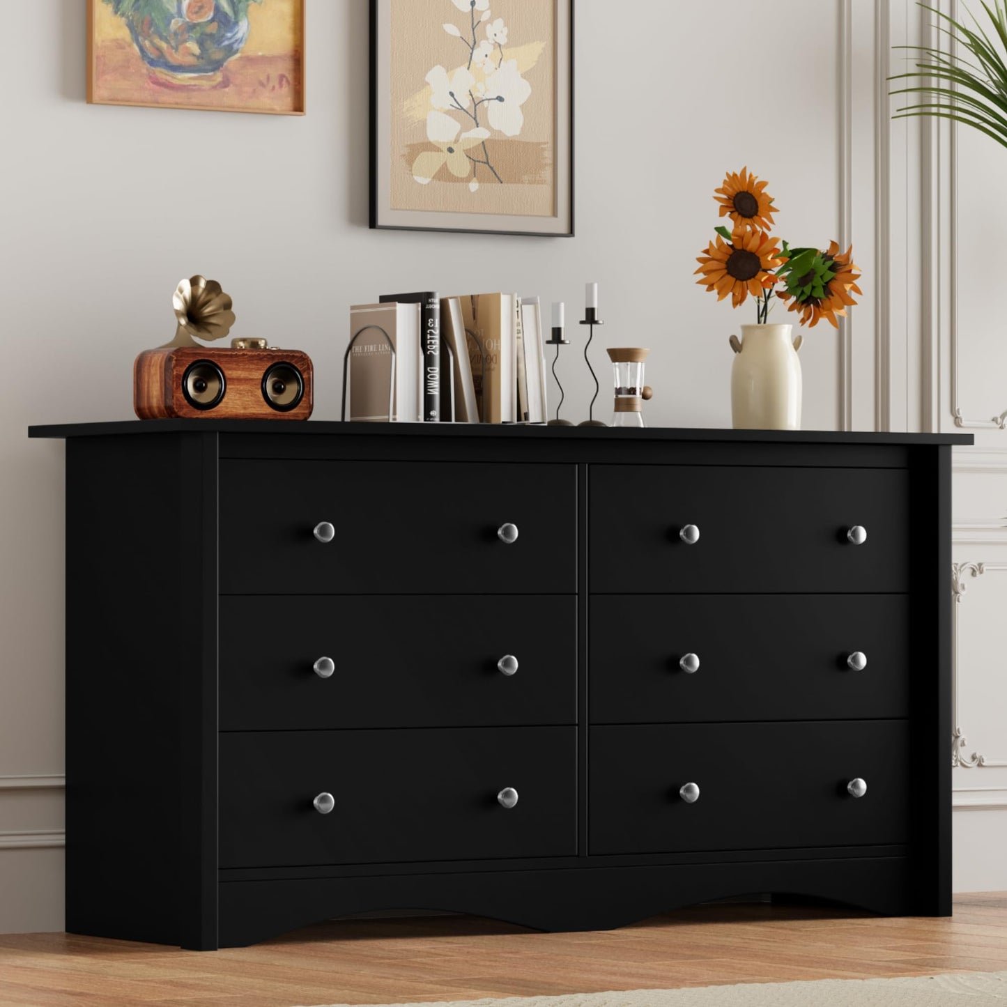 Furmax Dresser for Bedroom, 6 Wood Dresser, Chest of Drawers, for TV up to 65 inch, TV Stand Storage Chest of Drawers for Hallway Entryway (Black)