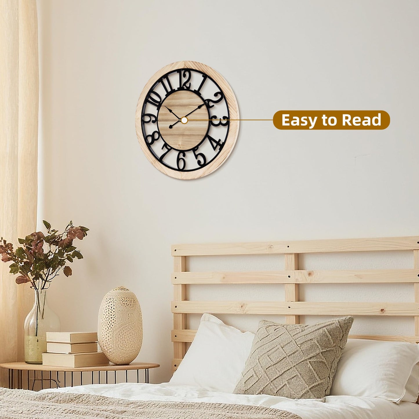 Maxstar 16'' Wall Clock for Living Room Decor, Ultra-Silent Rustic Wooden Farmhouse Wall Clock with Metal & Real Wood Frame, Battery Operated, for Kitchen Bedroom Office, Arabic Numerals