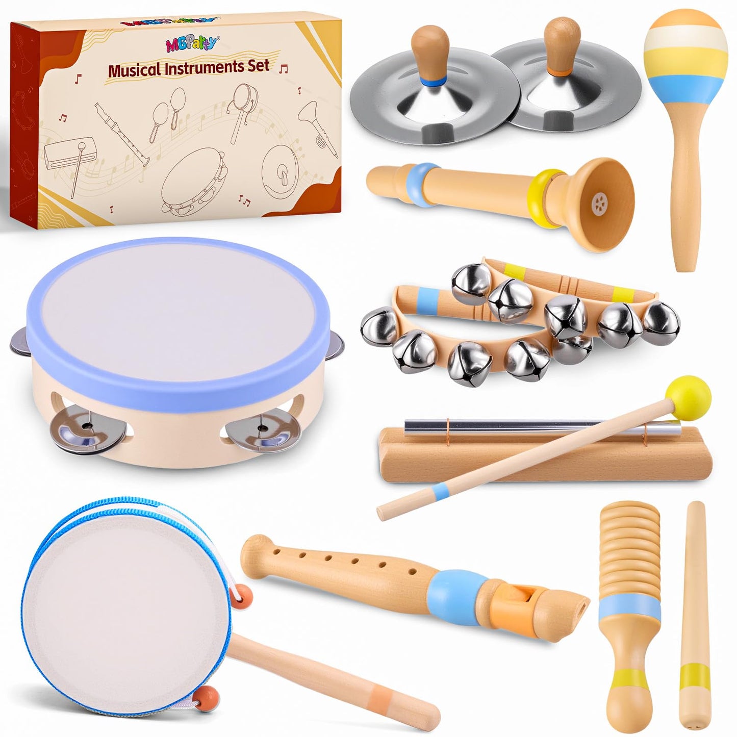 Baby Musical Instruments for Toddlers 1–3, Montessori Wooden Music Set with Drum Flute Clarinet Bells Cymbals, Toddler Musical Instruments Educational Kids Toys Birthday Gifts for Boys Girls