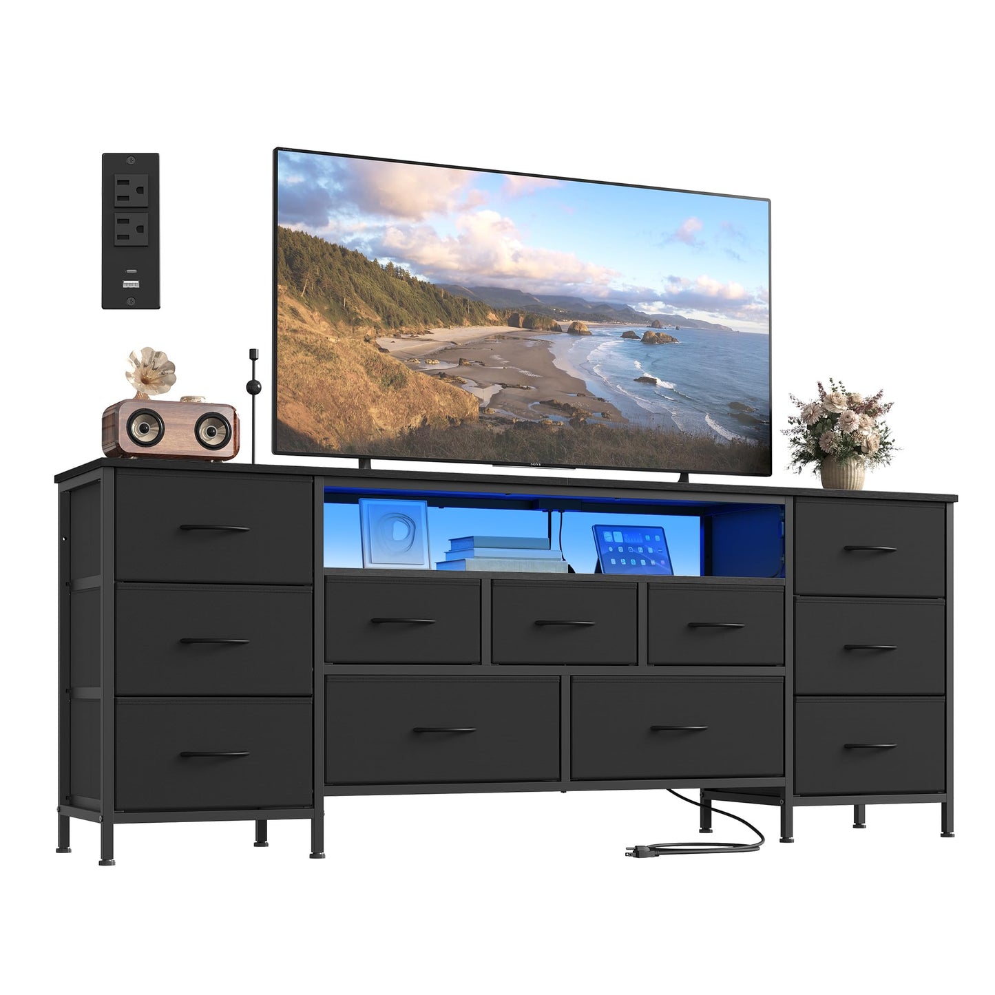 SONGMICS BELLAH Collection - TV Stand for TVs Up to 70 Inches, Dresser for Bedroom, Living Room, Chest of Drawers, Steel, 11 Drawers and Shelf, Modern, Ink Black ULGS043B101S