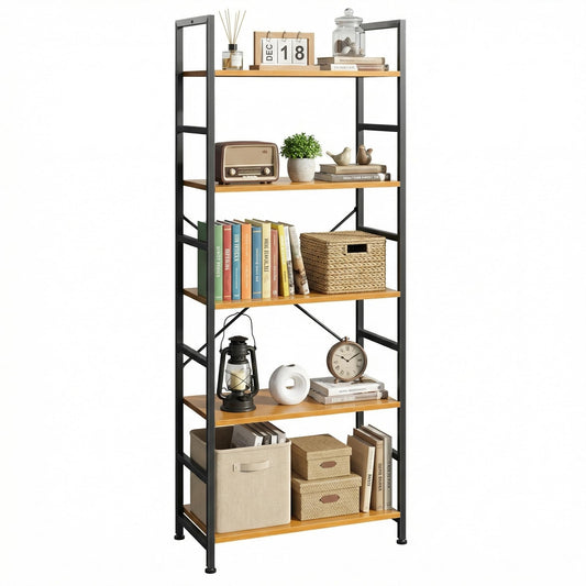 DUMOS 5 Tiers Bookshelf, Classical Book Shelf, Tall Display Shelves in Living Room/Home/Office, Storage Organizer for CDs/Books/Movies, Wood