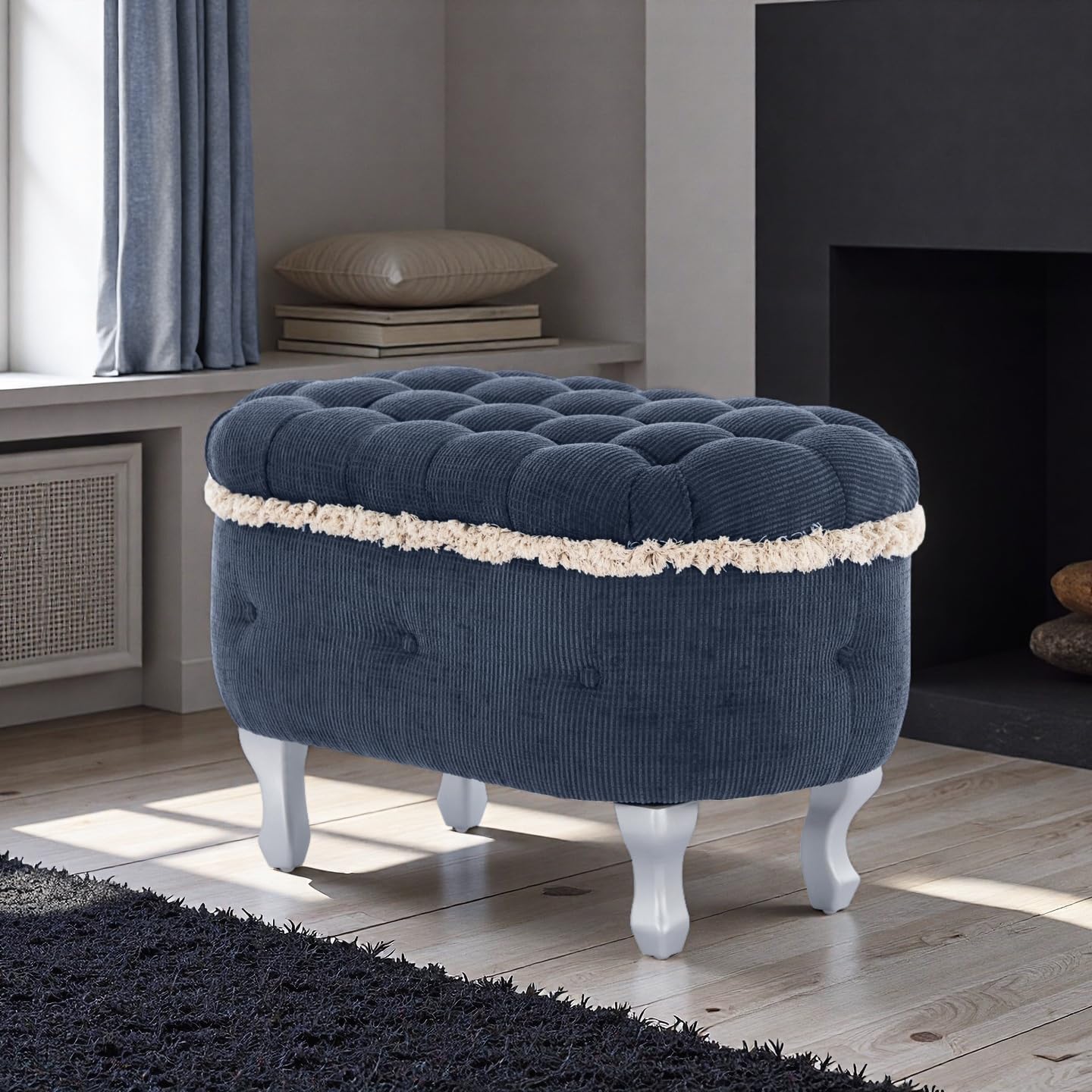 Christopher Knight Home Etele Mid-Century Modern Fabric Upholstered Ottoman with Storage, Wooden Living Room Sofa Ottoman Footrest, Entryway Ottoman Foot Stool, Toy Box Storage for Living Room, Blue