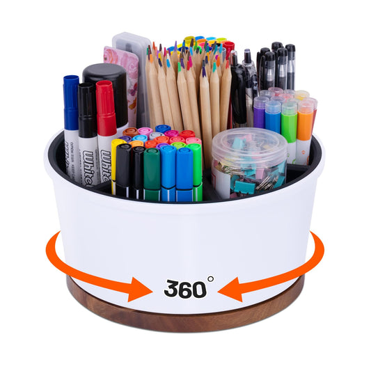 Hitseon Pen Organizer For Crayon Marker Color Pencil, Lazy Susan Art Supply Storage Organizer, Pen Holder For Desk School Office Home White & Black