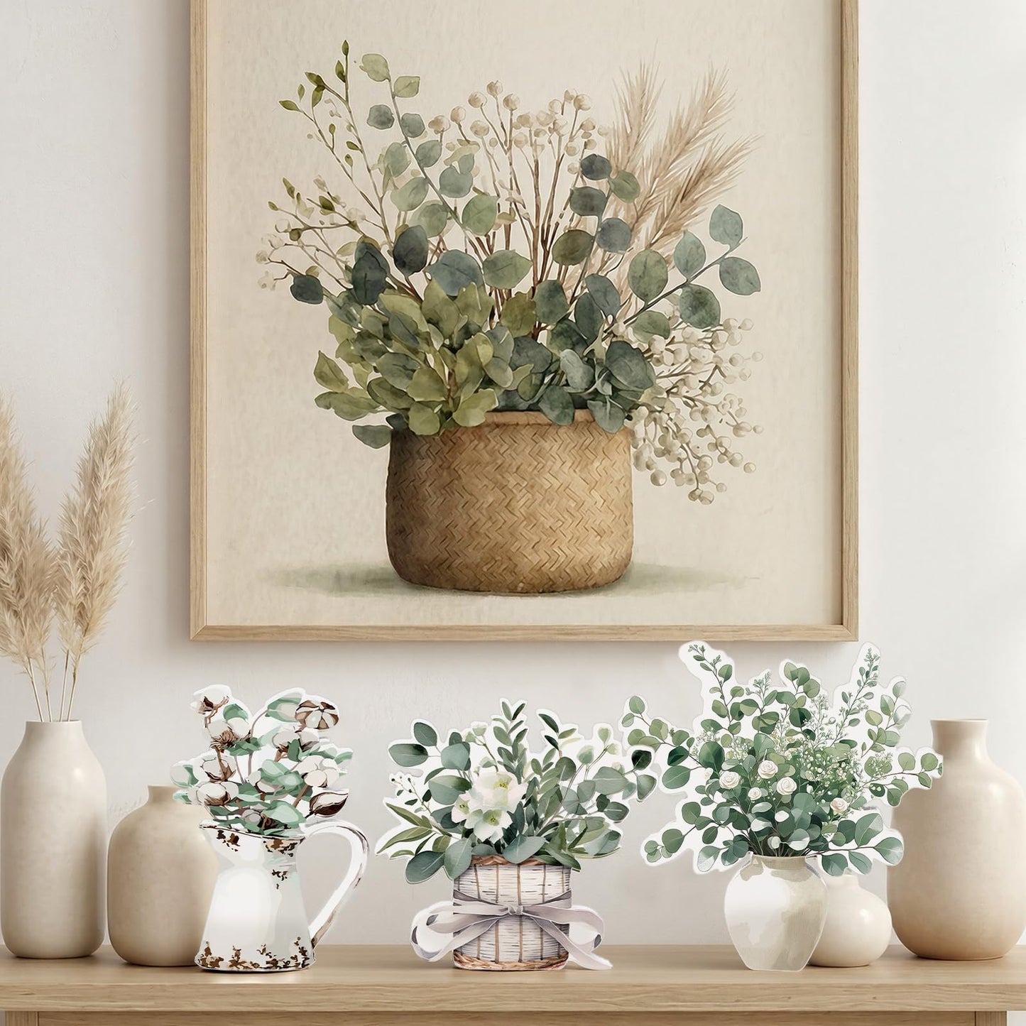 BrightRow 3 Pcs Eucalyptus Table Decor Retro Sage Green Centerpiece for Tiered Tray Floral Block Tabletop Signs for Home Plaque Housewarming Gift