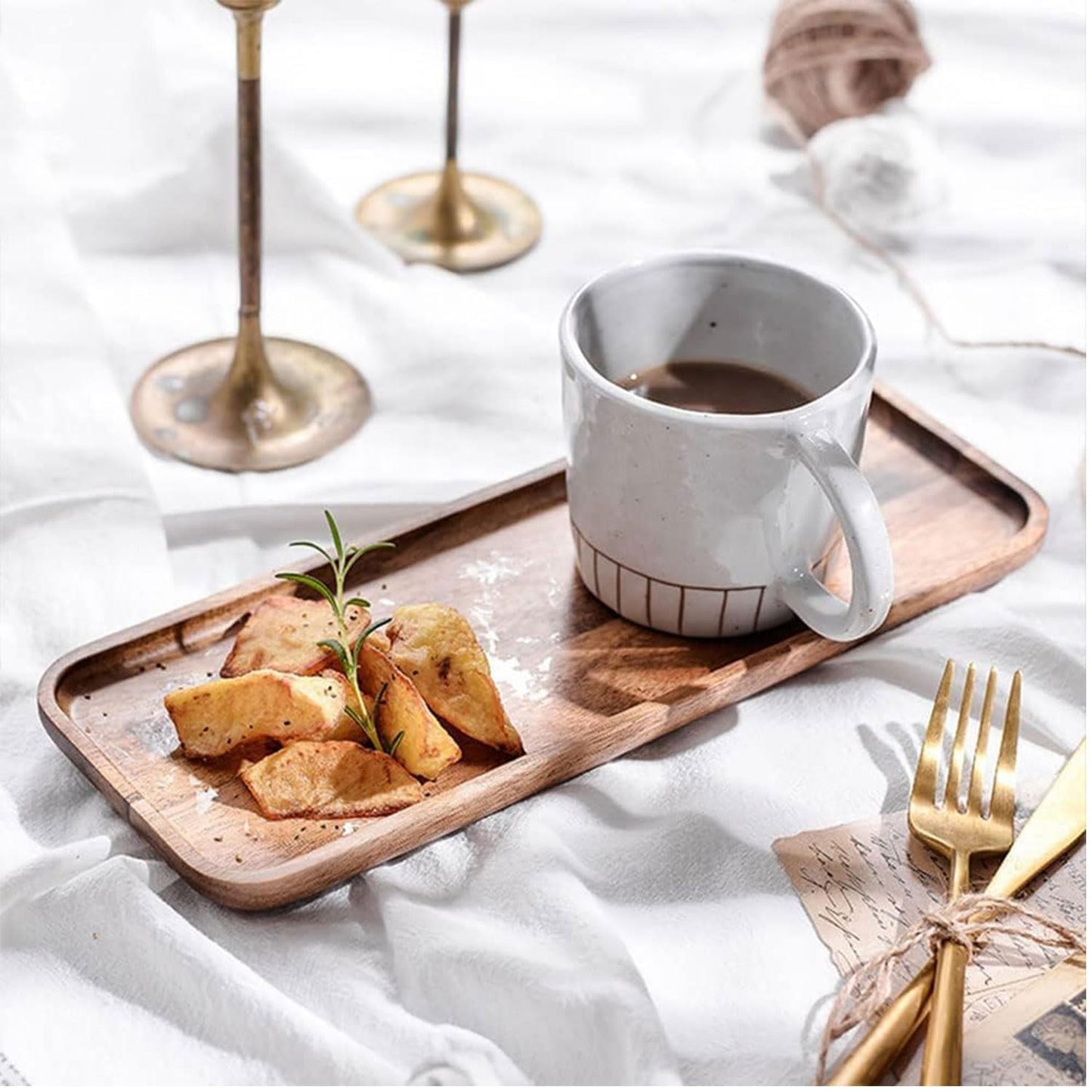 6Pcs Acacia Wooden Serving Tray - Wooden Charcuterie Board - Rectangle Wood Platter for Serving Food, Fruit & Cheese Board Wood Dessert Trays (6, 14"x5.5"x0.6")