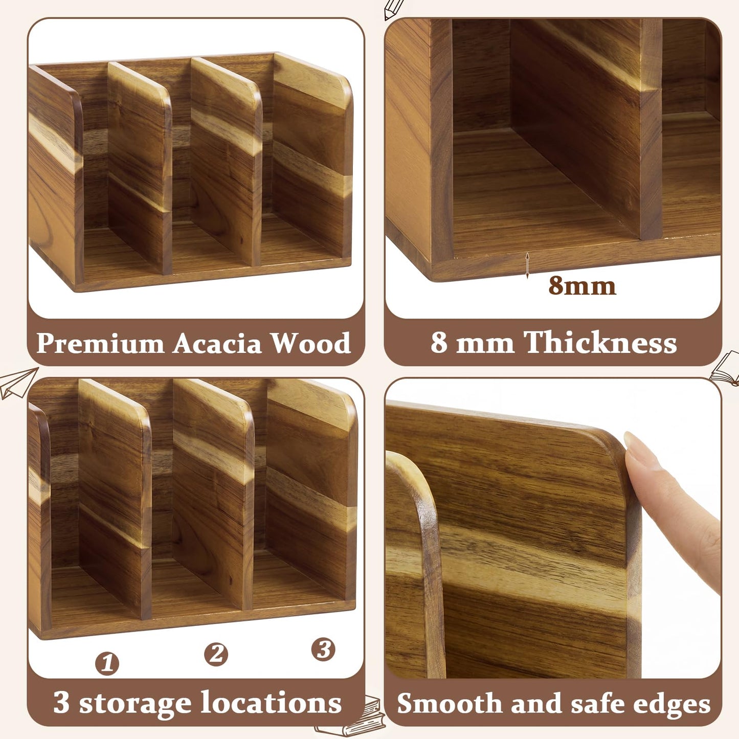 Novabright Acacia Wood File Magazine Holder Desk Organizer, 3 Vertical Compartments Workspace Sorters for Magazines, Binders, Notebooks, Envelopes