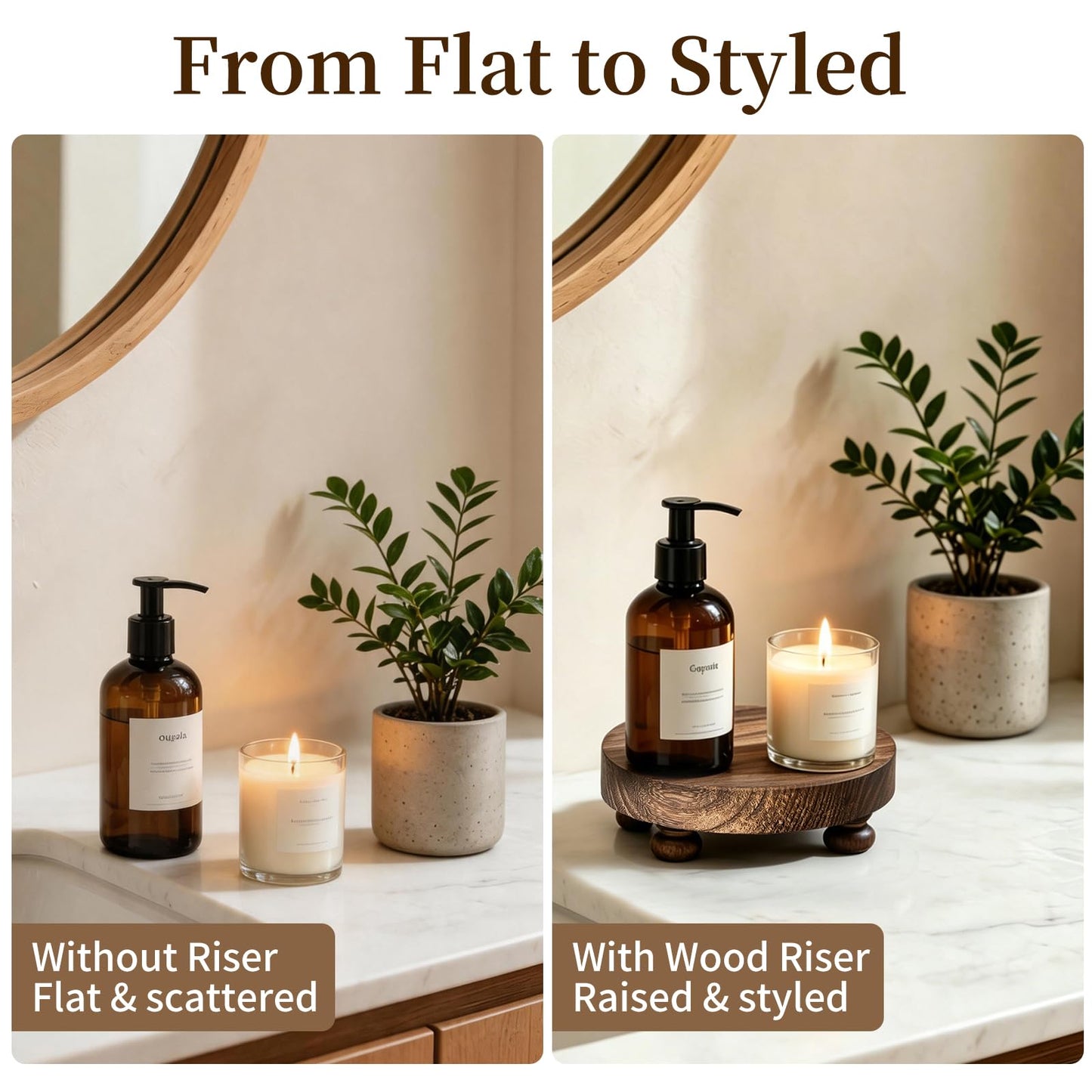 Romadedi Farmhouse Wood Riser for Display- 2 pcs Rustic Decor Mini Wooden Pedestal Decorative Round Tray for Home Table Bathroom Counter Shelf Kitchen, Brown