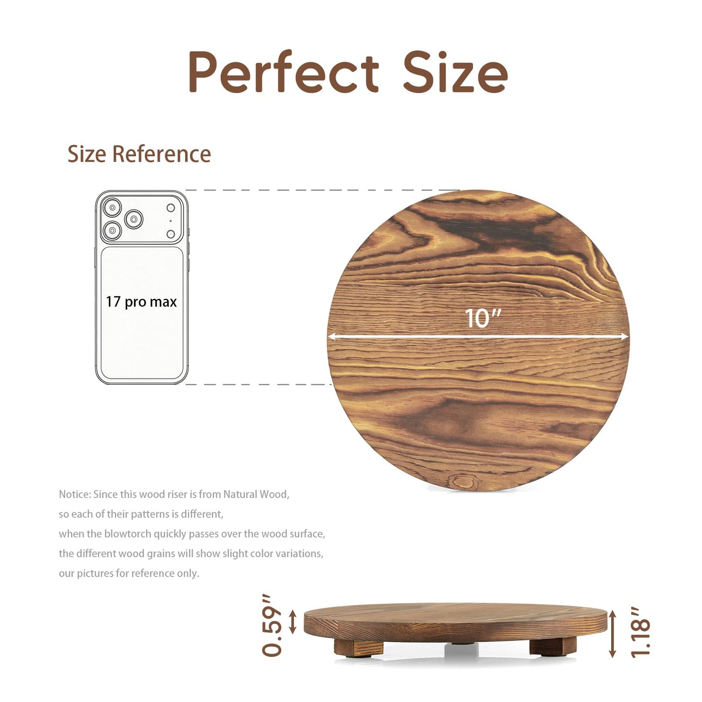 Round Decorative Tray Burnt Wood Bathroom Counter Organizer Pedestal Stand Farmhouse Kitchen Decor Wooden Riser for Soap Dish, Perfume, Candle, Sponge, 10" - Brown