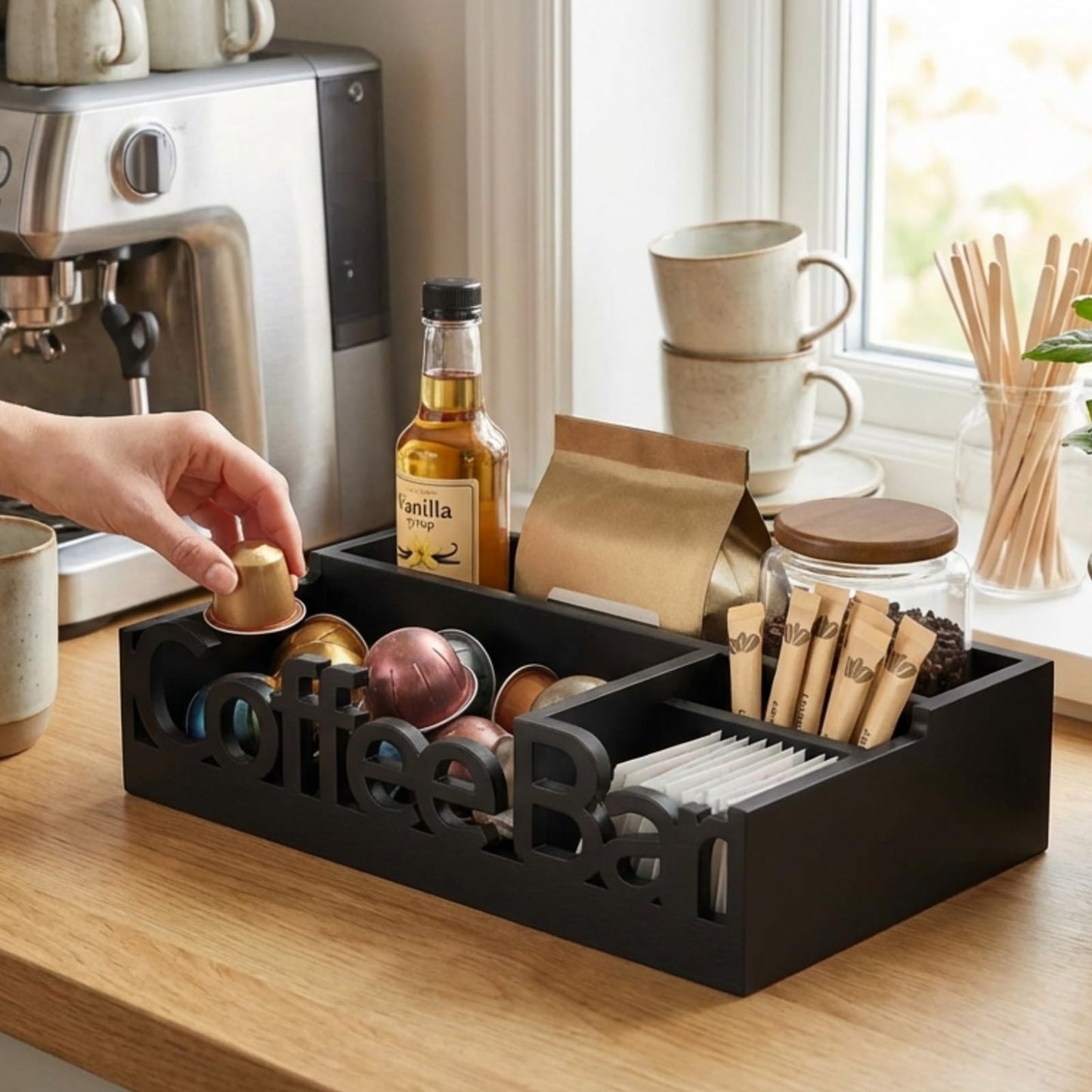 Coffee Bar Organizer Countertop,Wood Caddy with Compartments for Pods,Black