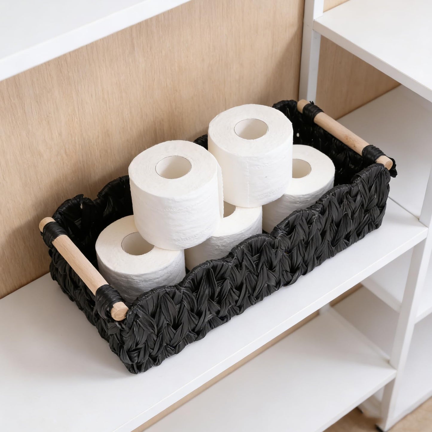 Duimbok Black Paper Rope Woven Basket, Scalloped Edge Toilet Paper Holder with Wooden Handles, Farmhouse Bathroom Storage for Over Toilet Shelf, End Table, Cozy Bedroom Decor