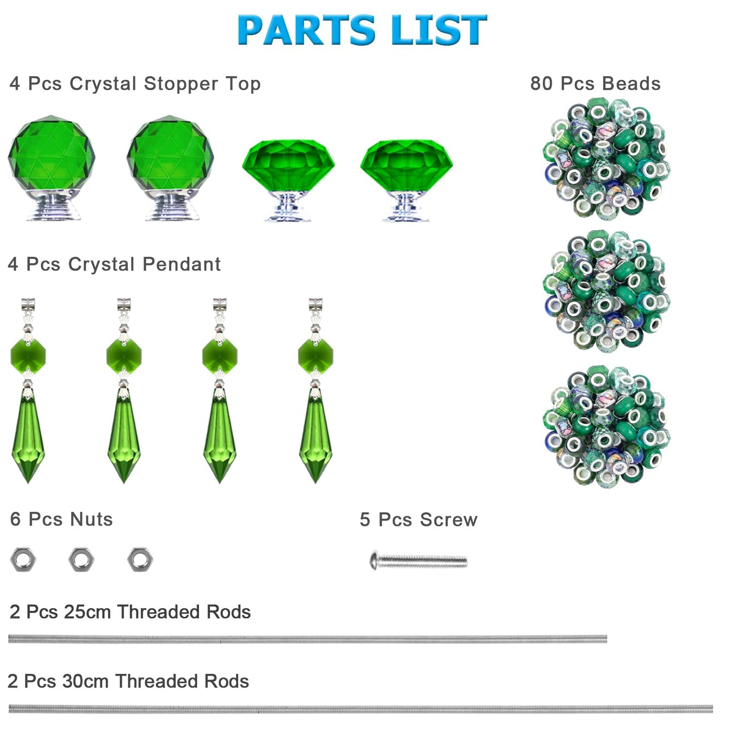 Exway 100 PCS DIY Fairy Wand Beaded Garden Stake Beads Kits with Green Large Hole Beads 4 Crystal Stopper Top Threaded Rods and 4 Green Sparkling Crystal Pendants for Outdoor Indoor Decor
