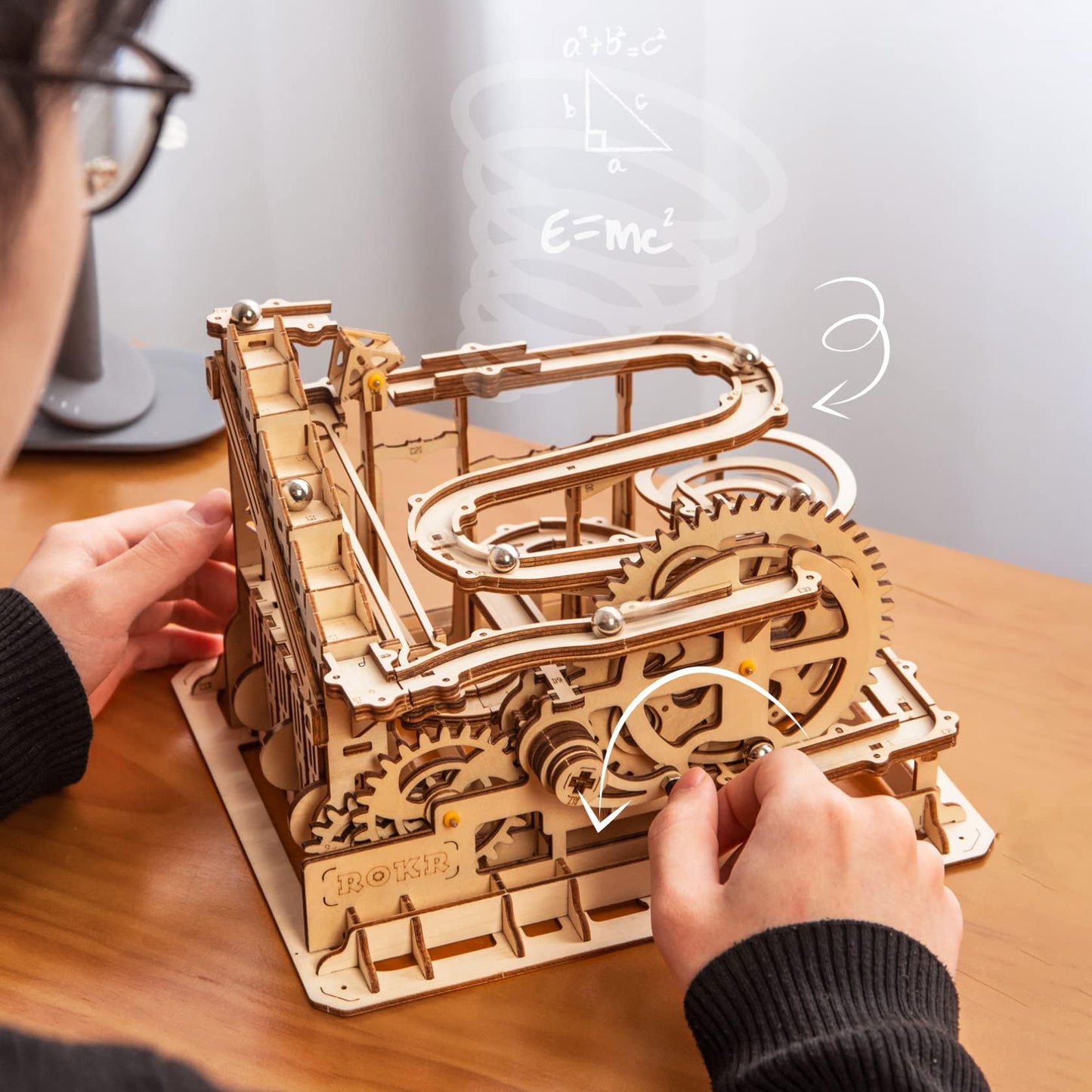 ROKR 3D Wooden Puzzles Marble Run Set - Mechanical Model Kit for Adults DIY Roller Coaster Toys Gifts for Adult (Marble Parkour)