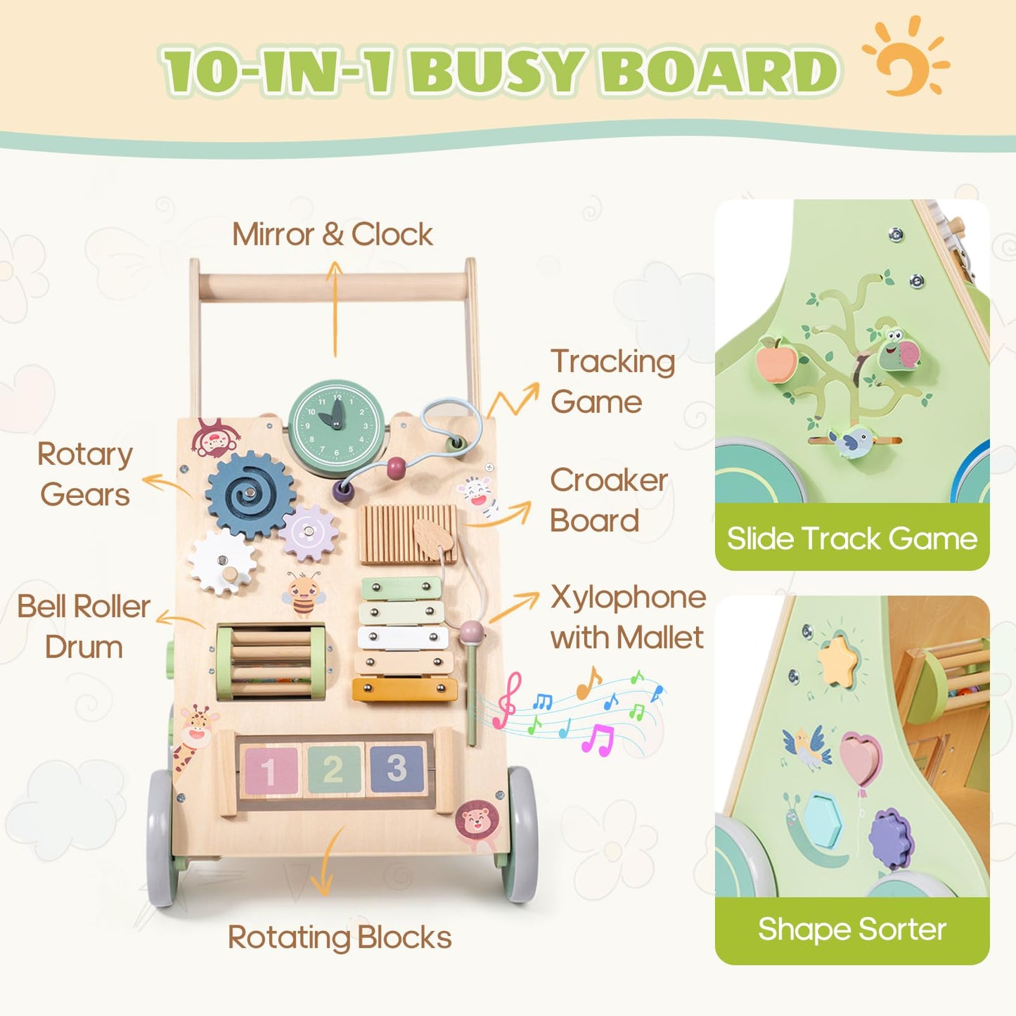 Brownroot Wooden Baby Walker with 10-in-1 Activity Center Adjustable Height Montessori Toddler Push Toy with Xylophone, Shape Sorter Gears for 1 2 3 Year Old Boys Girls