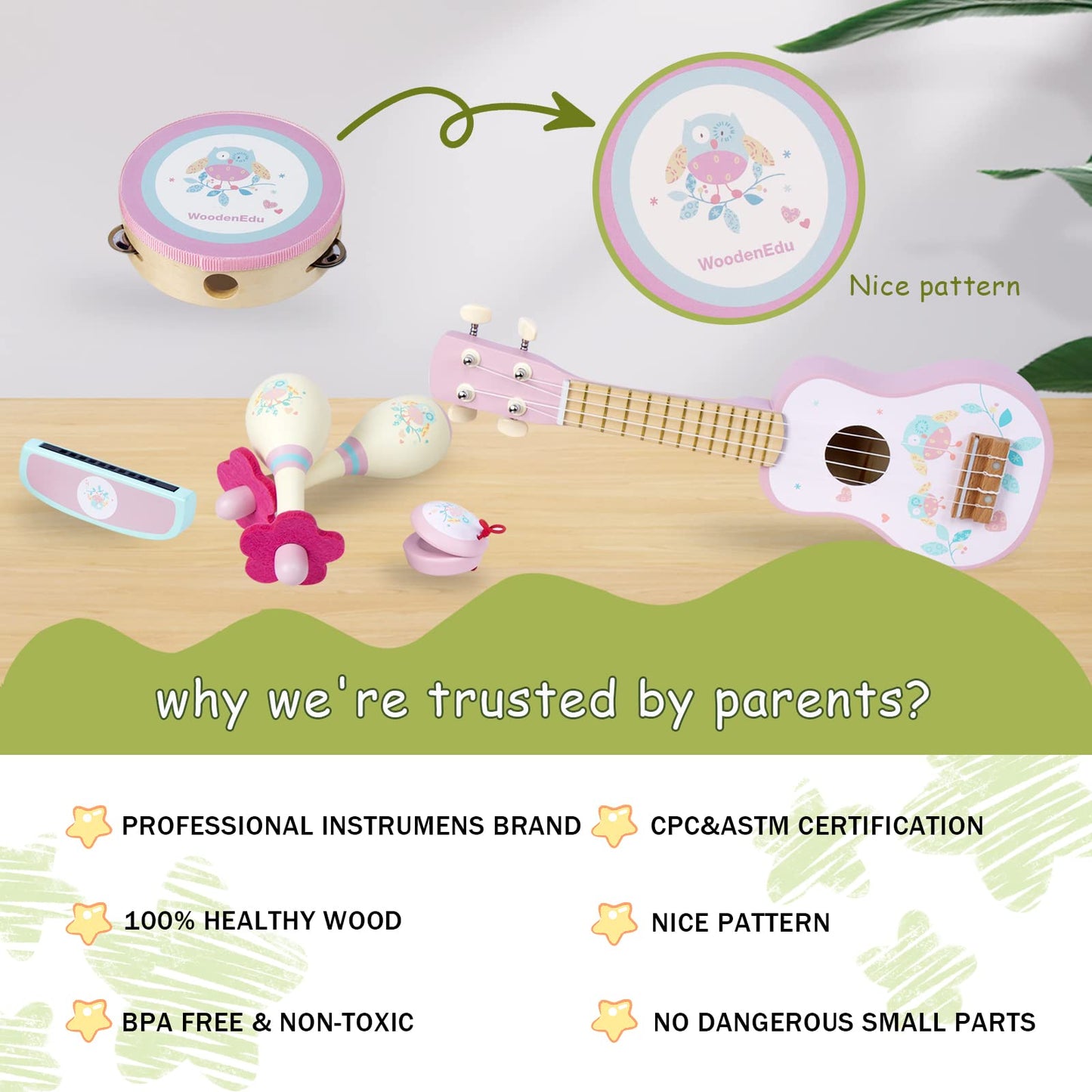 WoodenEdu Kids Guitar for Girls, Wooden Musical Instruments Toys with Ukulele, Tambourine, Maracas, Harmonica, Mini Band Sets for Toddlers 2 3 Years Old Birthday Gift (Pink for Girls)