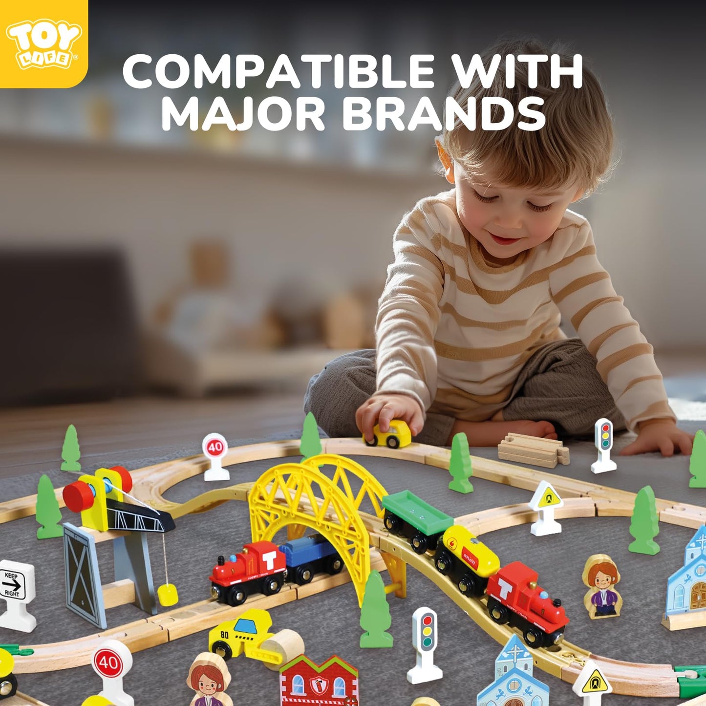 TOY Life Wooden Train Set 60pcs with Magnetic Crane, Wooden Train Tracks Toys for Toddlers Boys Girls 3 4 5, 3 Year Old Boy Gift, Wood Toys Toddler Train for Kids 4-8 - Fits Thomas Brio Chuggington