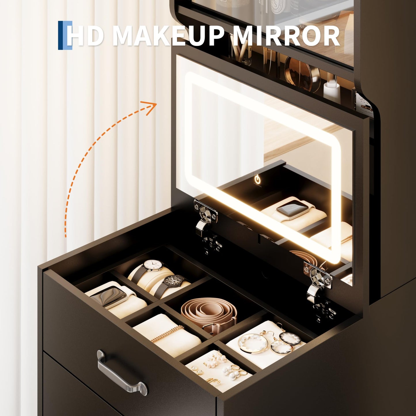 Garvee 3 in 1 Vanity Desk with 3 Color LED, Compact Makeup Vanity Set with 2 AC Outlets & USB, Dressing Table with Drawers & Acrylic Doors, Nightstand Vanity Mirror, Jewelry Box, Hidden Chair, Black