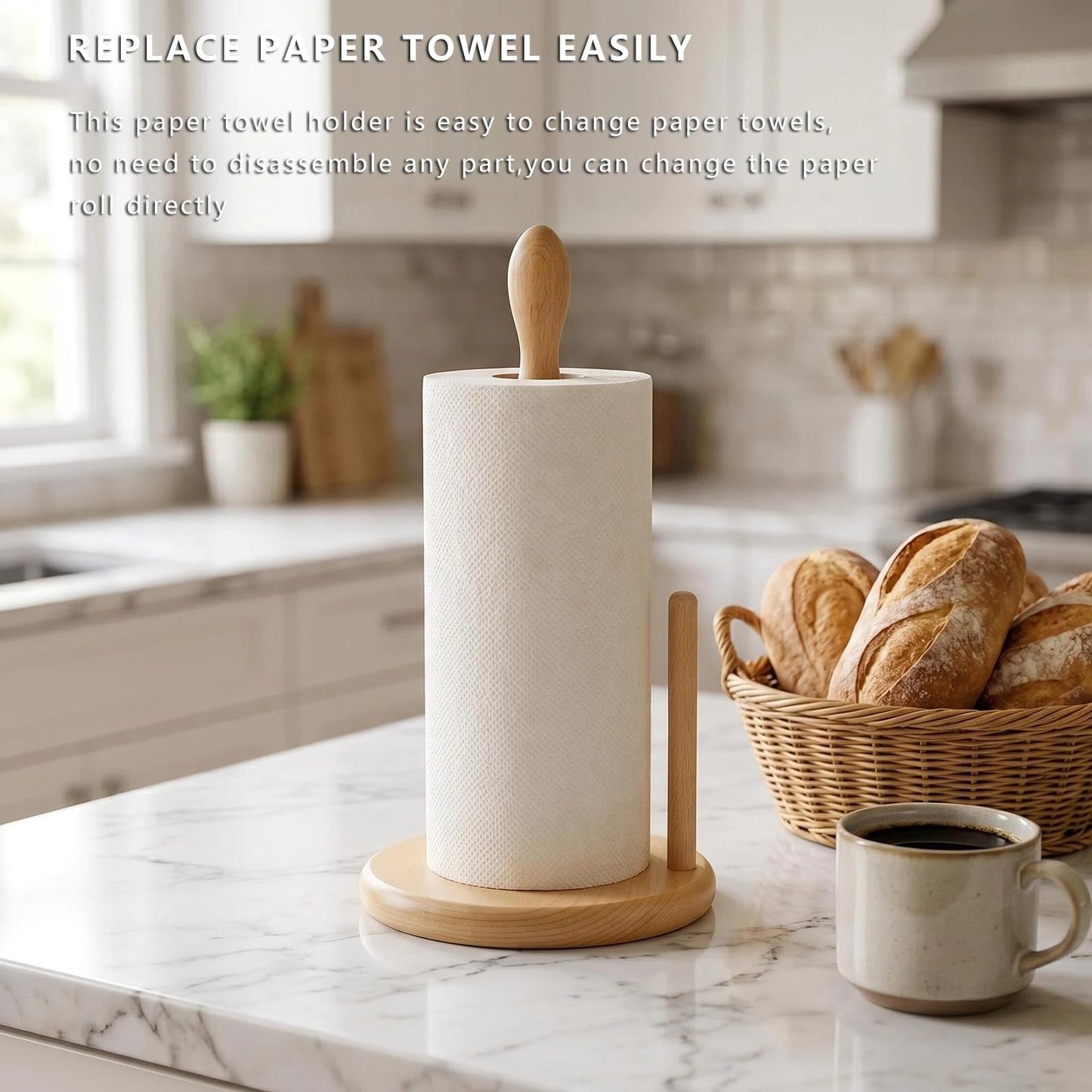 JURHSDEGD Wooden Paper Towel Holder – Weighted Wide Base, Fits Jumbo & Standard Rolls, One-Hand Tear, Kitchen Countertop Organizer