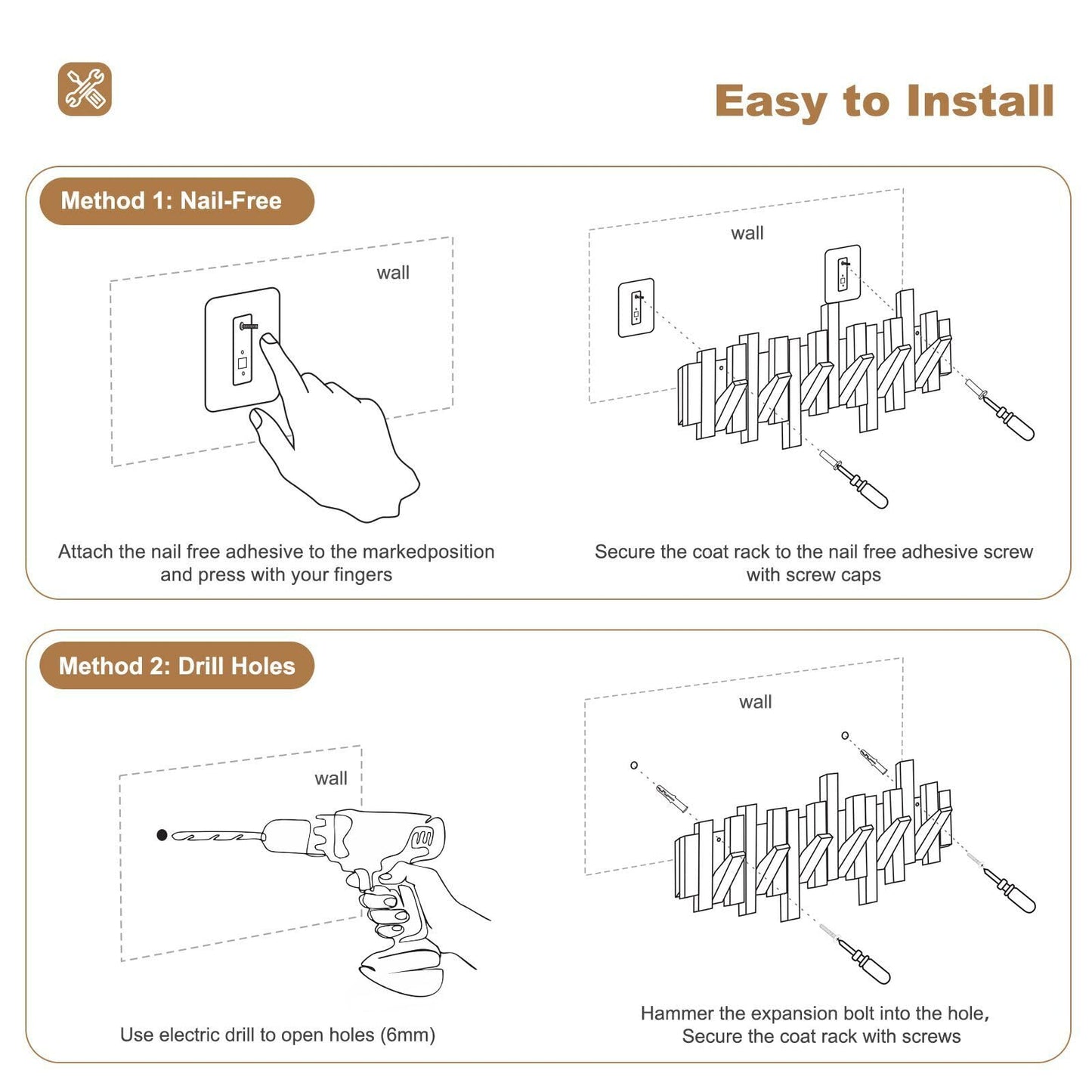 Ufine Wood Wall Mounted Coat Rack with 6 Flip-Down Hooks 16 Inch Wall Hooks for Hanging in Entryway, Bathroom, Home Office