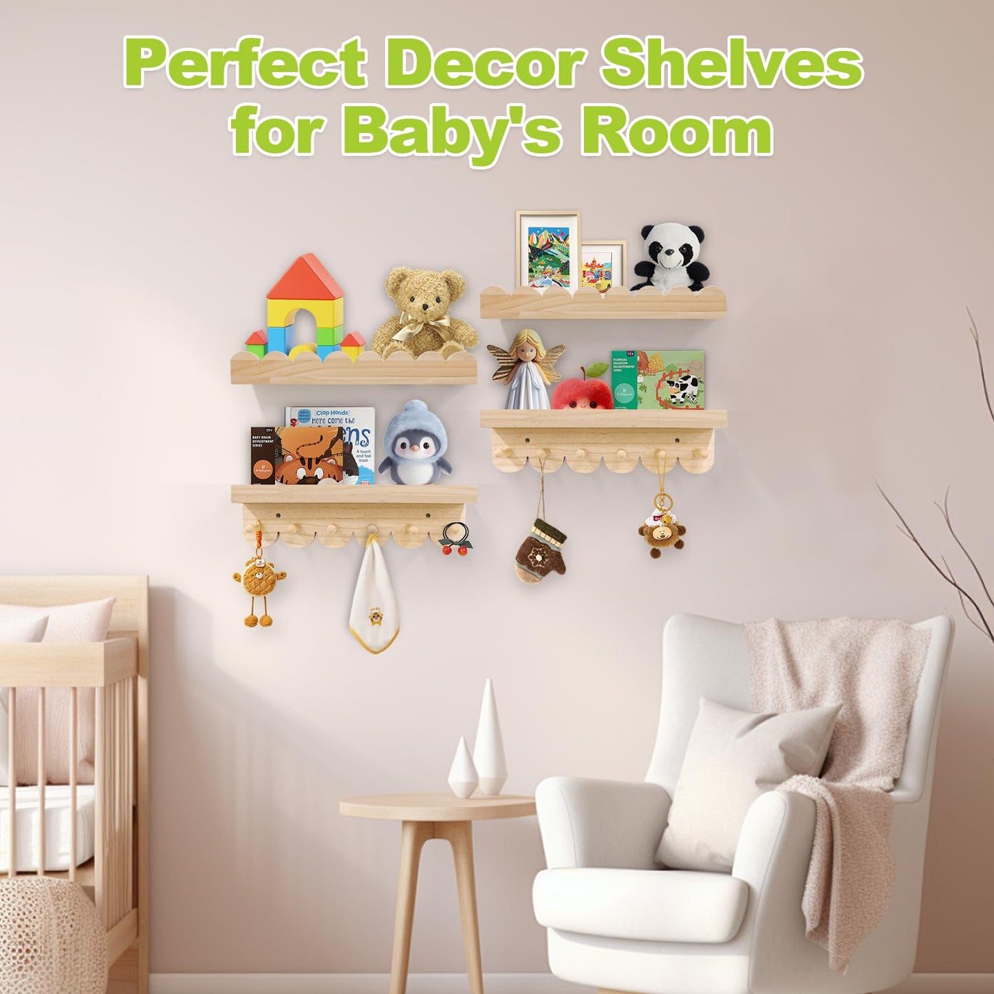 Varbonia Floating Nursery Book Shelves for Wall, 16'' Wood Book Shelf for Baby Boys Girls Bedroom Bathroom and Décor Storage, Wall Shelf for Books, Plants, Toys, Photo Frames (Wooden, 4 Pack)