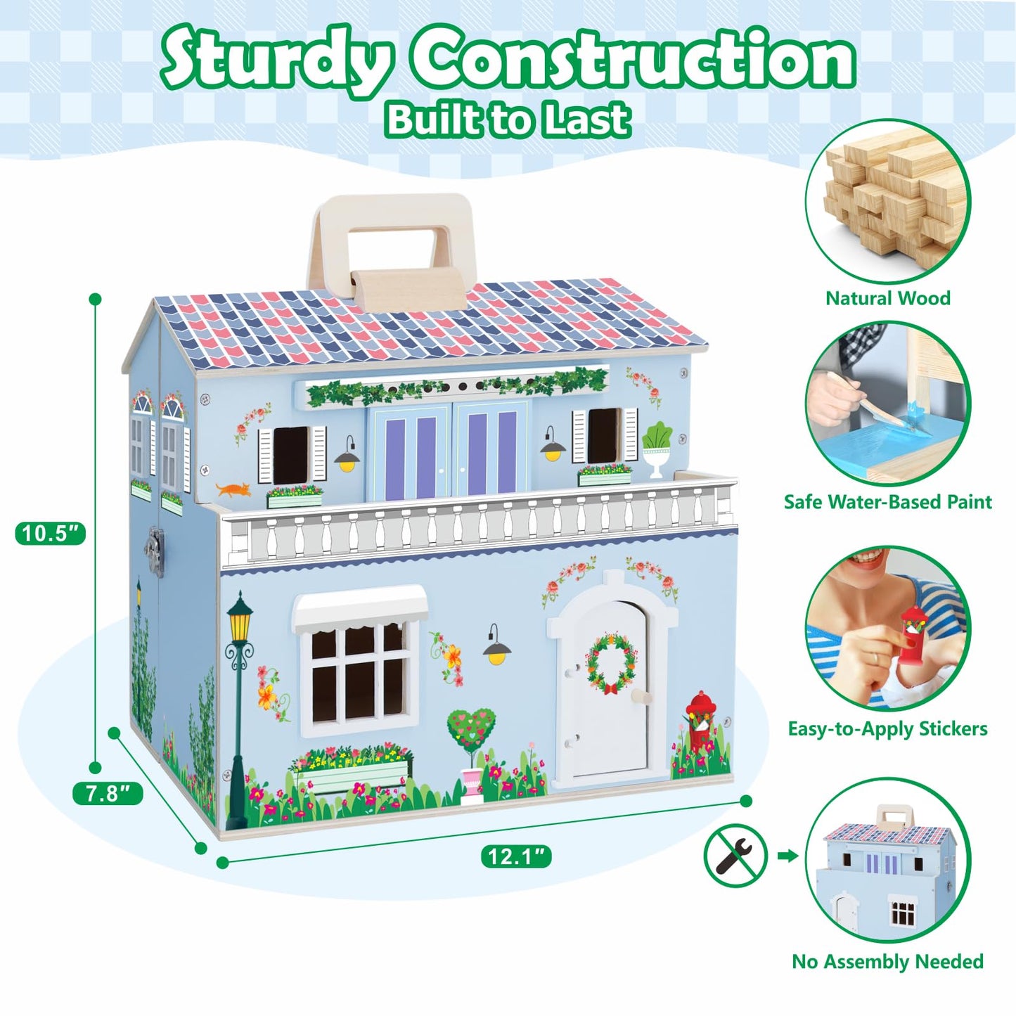 SIMPLIPLAY DIY Portable Wooden Dollhouse, Pretend Play Doll House Set with 4 Rooms, 13 Furnitures, 2 Dolls, 3 Sticker with 2 Styles, 1 Wooden Ladder, Doll House for 3+ Year Old Kids Boys Girls Gift
