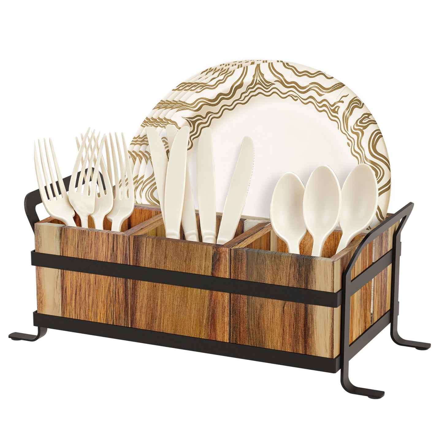 Vorisebo Acacia Wood Silverware Caddy, 4 Compartment Wooden Utensil Caddy for Party, Countertop Cutlery Flatware Paper Plate Dispenser for Spoons, Forks, Fits 10-Inch Plates
