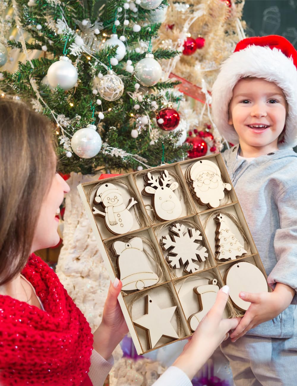 Wohohoho 45Pcs Unfinished Paintable Blank Wooden Christmas Ornaments with Tray, 9 Designs DIY Predrilled Wood Ornaments for Crafts. Christmas Tree Hanging Decorations Xmas Art Birthday Gift for Kids