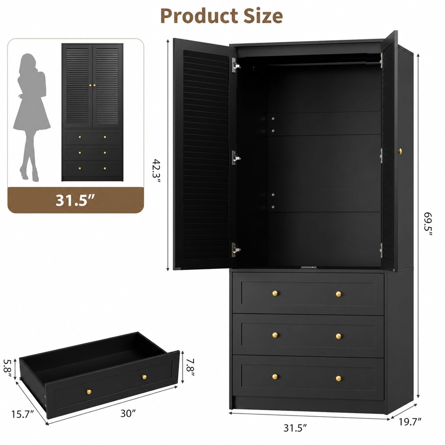 Garvee 70" Wardrobe Armoire Wooden Closet with 2 Doors and 3 Drawers, Bedroom Armoire with Hanging Rod Shelf, Large Capacity Storage Wardrobe Armoire, Freestanding Wooden Closet Storage Cabinet