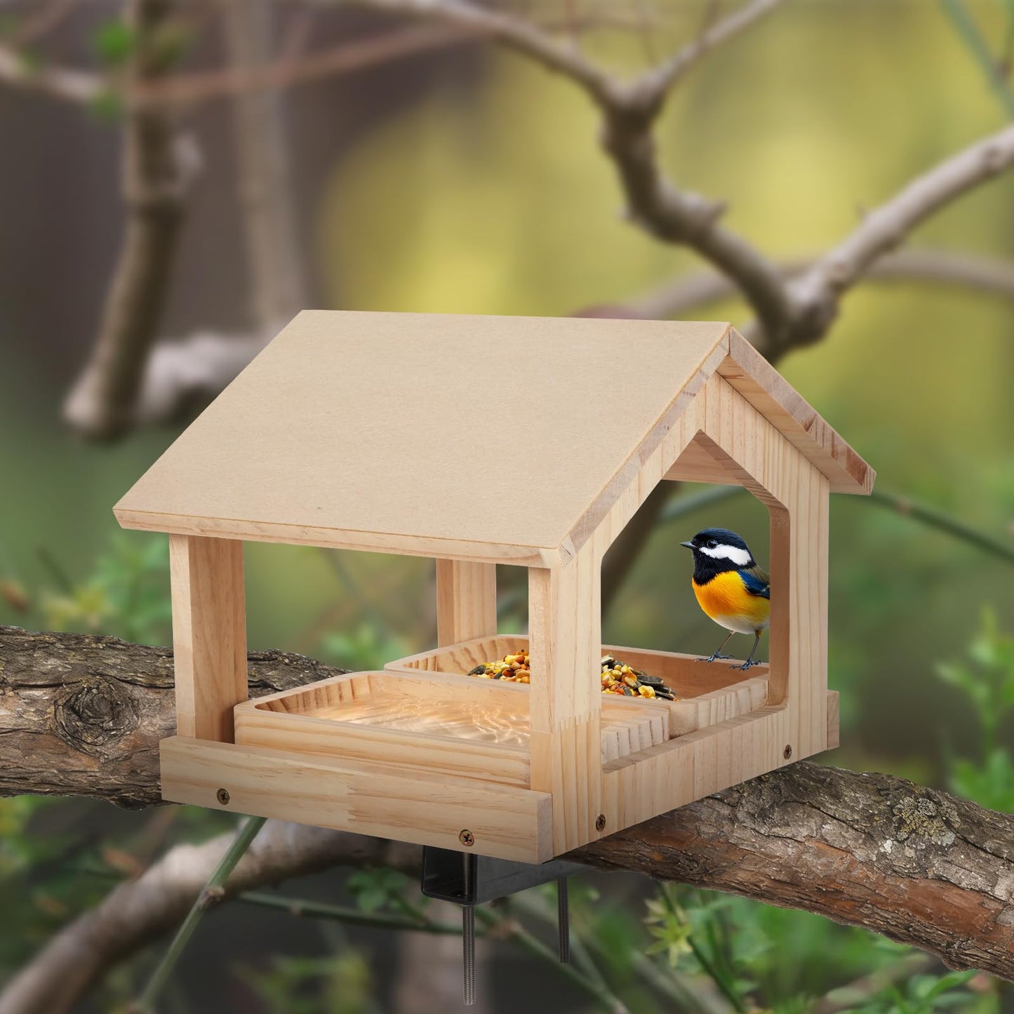 Wooden Bird Feeder with 2 Trays Metal Bracket Railing Mount Balcony Birdfeeder Large Capacity Weatherproof Platform Wild Bird Feeding House for Cardinals Finches Garden Yard Decoration