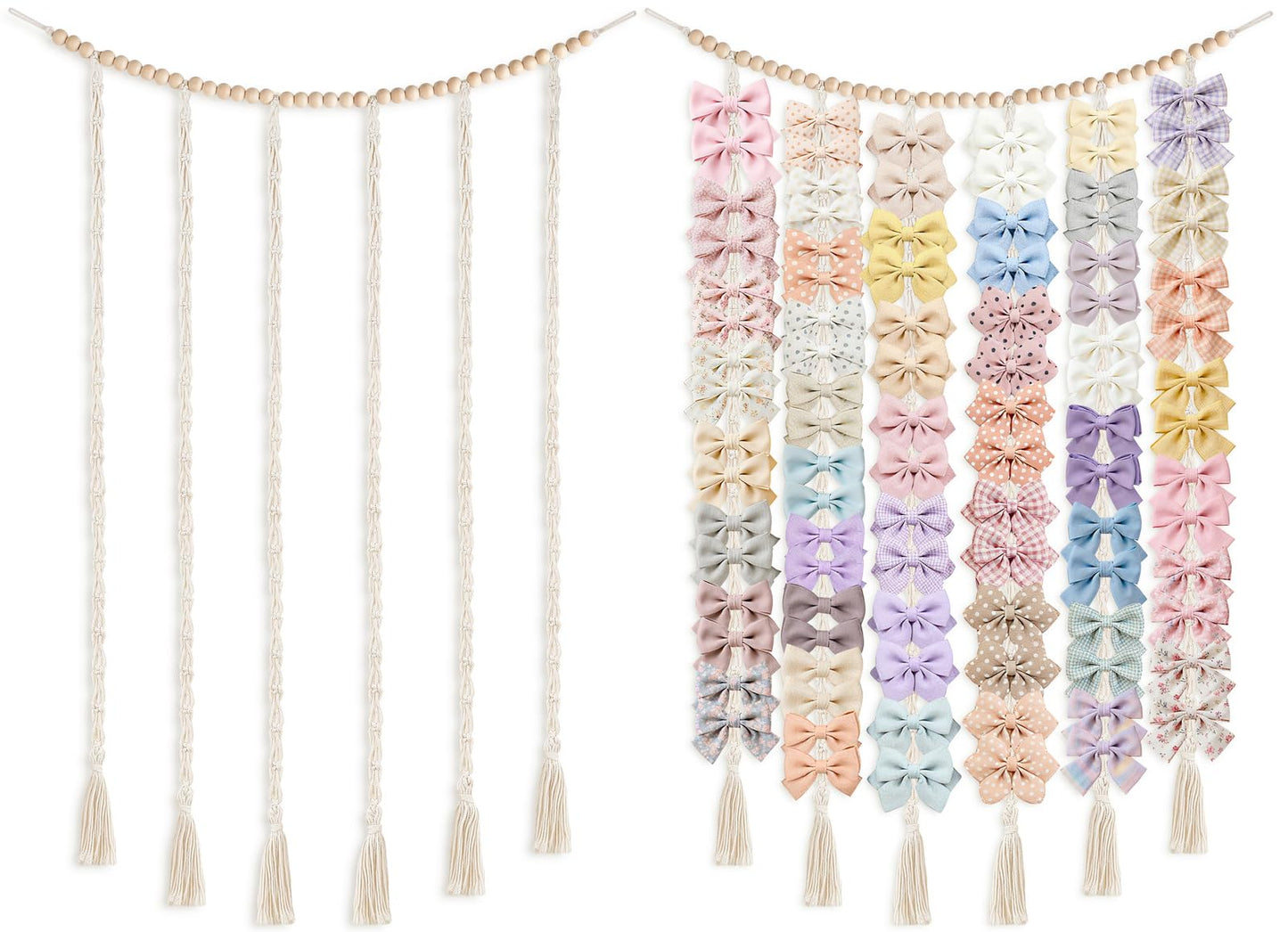 Dahey Macrame Bow Holder Hanging Hair Bow Organizer for Baby Girls Boho Wall Decor Handmade Headband Holder with wood beads Storage Hair Clips for Baby Nursery Room,1 PCS, Clips and Bows Not Included