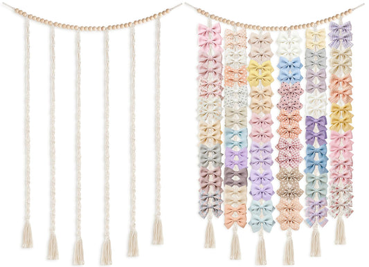 Dahey Macrame Bow Holder Hanging Hair Bow Organizer for Baby Girls Boho Wall Decor Handmade Headband Holder with wood beads Storage Hair Clips for Baby Nursery Room,1 PCS, Clips and Bows Not Included