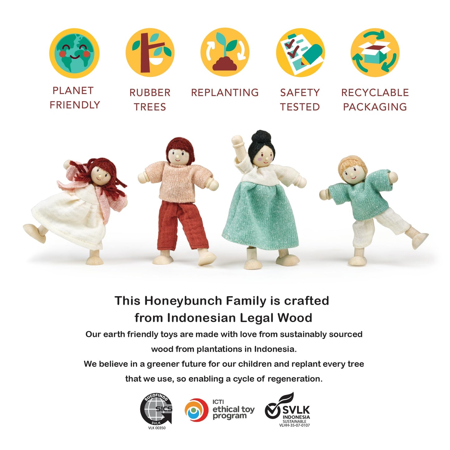 Mentari Toys - The Honeybunch Doll Family - 4pc Poseable Wooden Doll Set with Fabric Clothes - Perfect for Dollhouses and Small World Play - Encourages Imaginative Play and Social Skills - Age 3+
