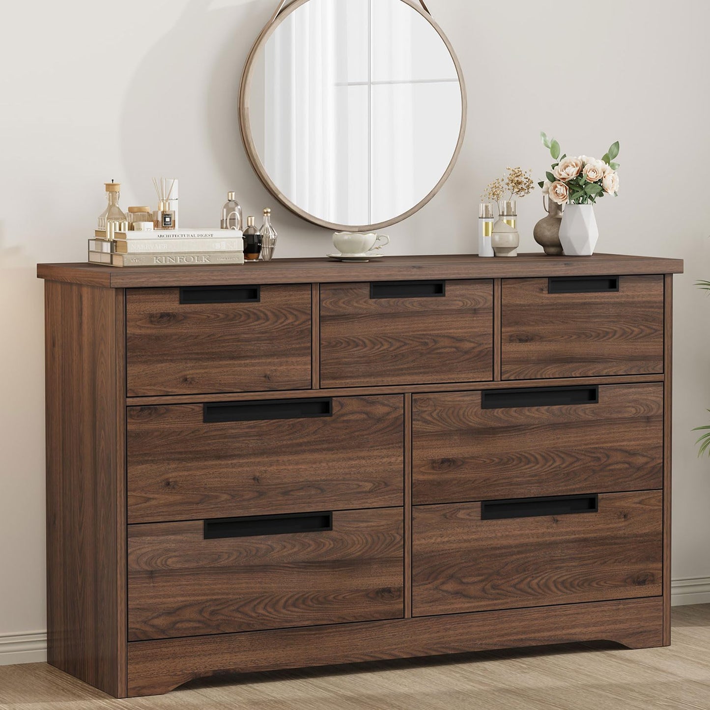 Garvee 7 Drawer Dresser for Bedroom, 55in Wide Modern Chest of Drawers Closet with Built-in Handles Design, Wooden Dresser Organizer for Living Room, Nursery, Hallway - Walnut