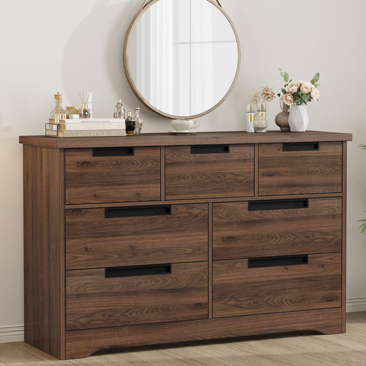 Garvee 7 Drawer Dresser for Bedroom, 55in Wide Modern Chest of Drawers Closet with Built-in Handles Design, Wooden Dresser Organizer for Living Room, Nursery, Hallway - Walnut
