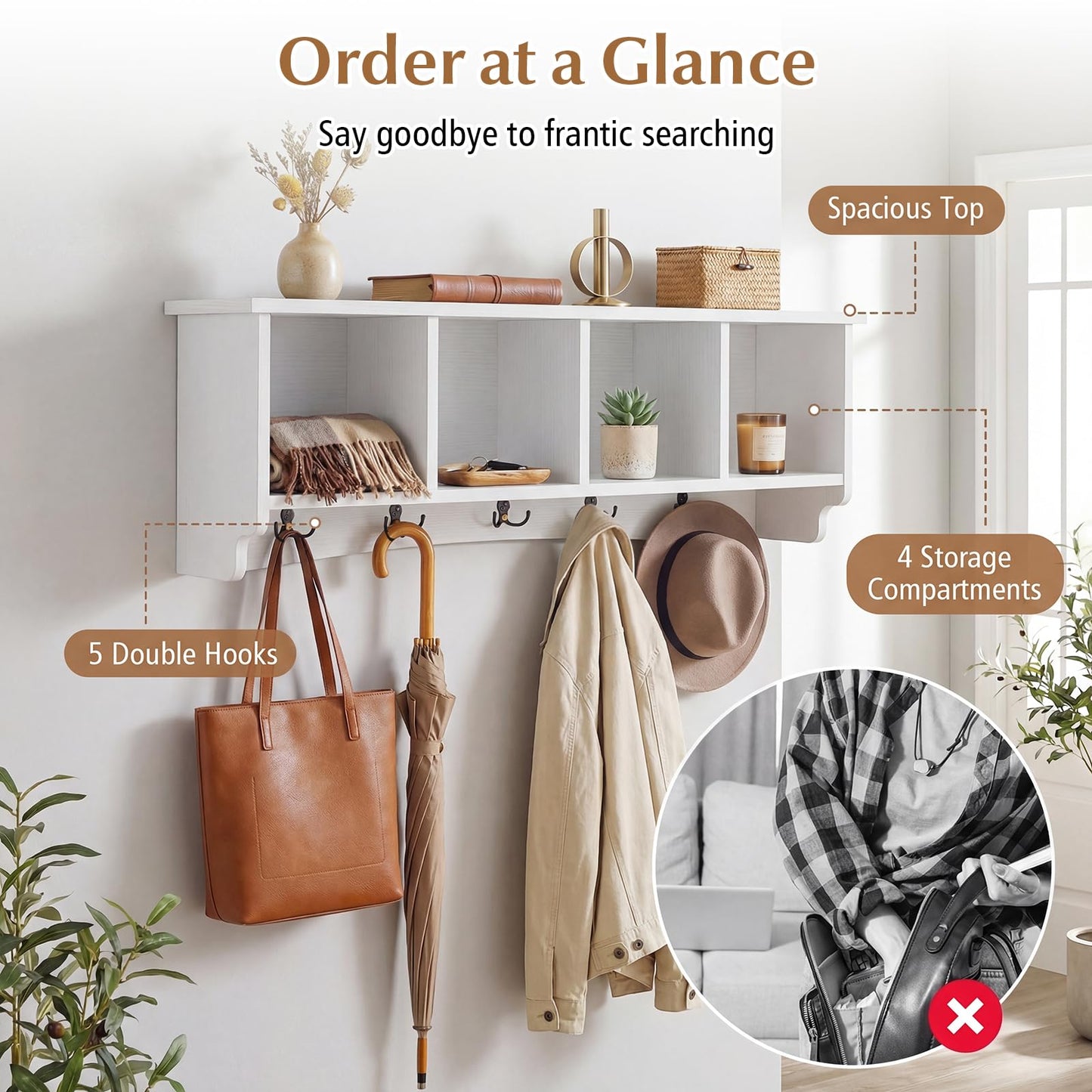 Giantex Wall Mounted Coat Rack, 28.5'' Wooden Floating Shelf with 4 Cubbies & 5 Double Hooks, Modern Space-Saving Storage Display Organizer for Entryway, Hallway, Mudroom (White)