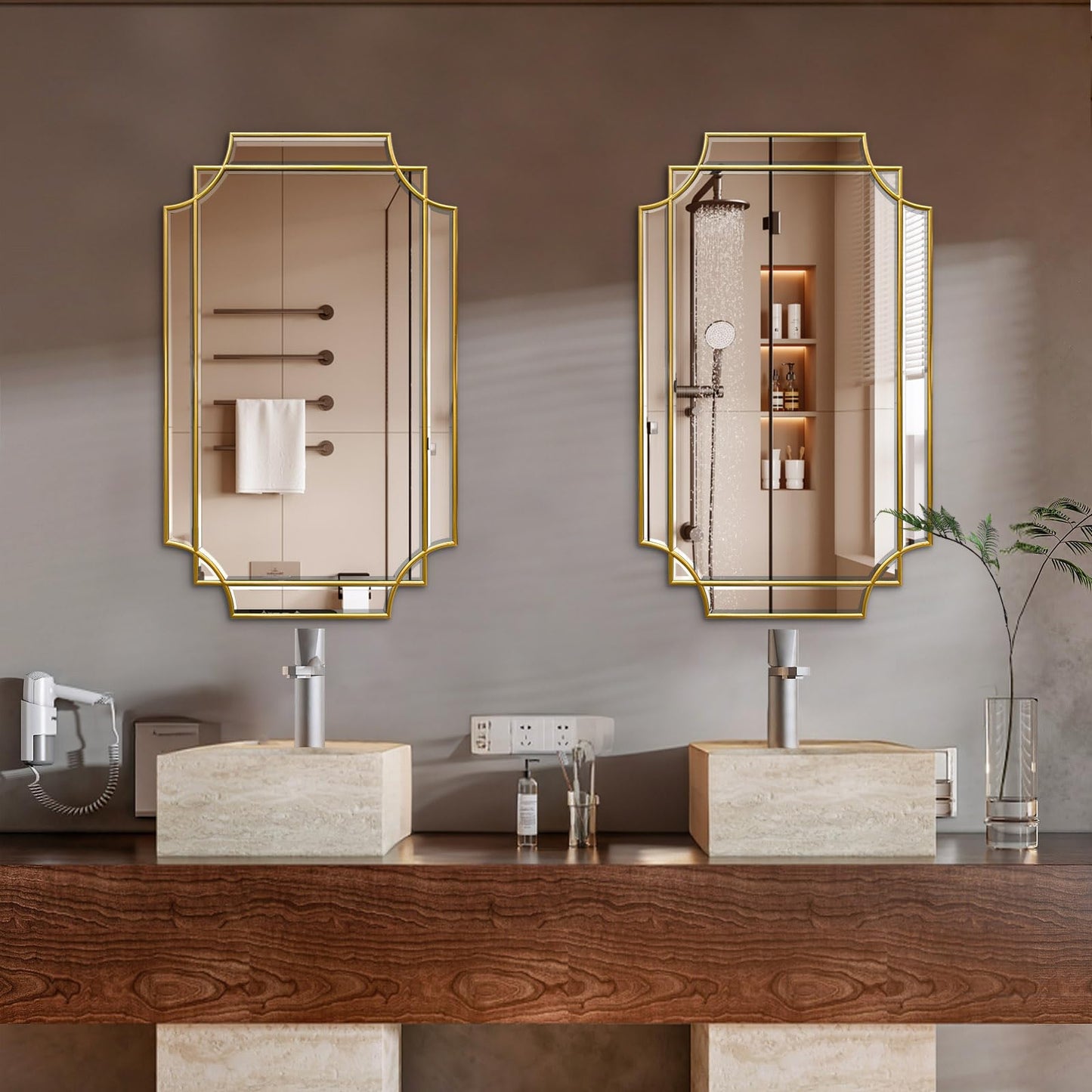 HQiJun 30x20 Inch Gold Bathroom Mirror, Wooden Frame with Scalloped Polished Beveled Glass, Modern Art Wall Decor for Vanity, Irregular Rectangle Mirror for Bedroom, Living Room, Fireplace & Entryway